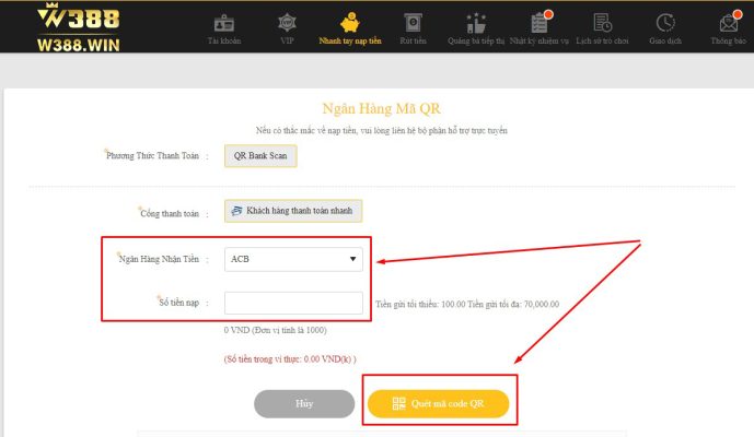 Nạp tiền W388 bằng Mã QR